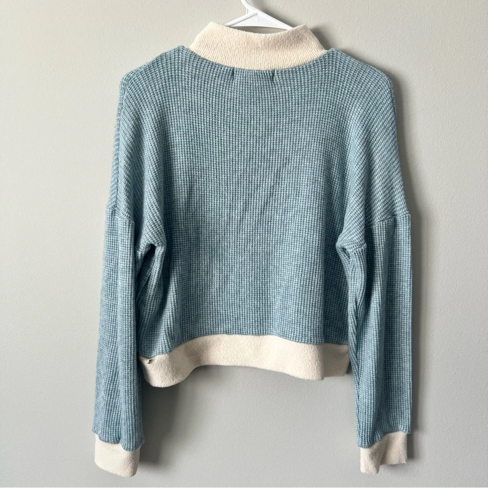 Women’s Blue and Cream Quarter-Zip Sweater, Size Medium, Waffle Sweater
